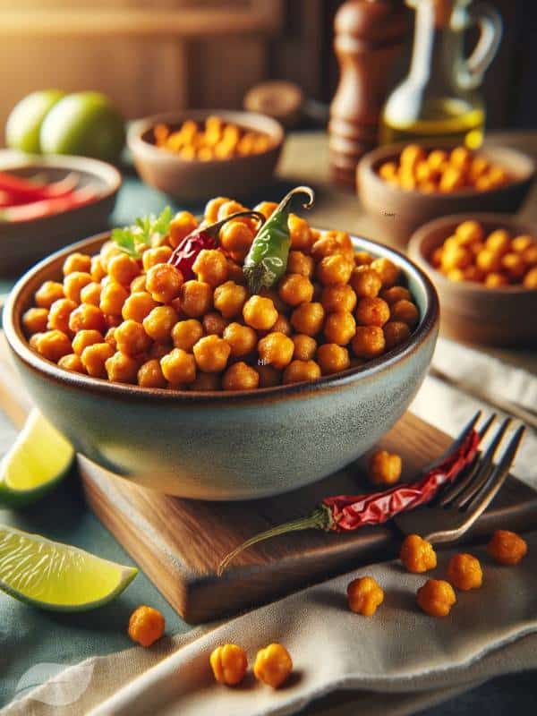 a serving bowl filled with Chili-Lime Roasted Chickpeas.