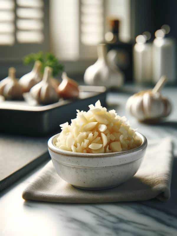 a single clove of garlic, minced finely, displayed on a small white dish.