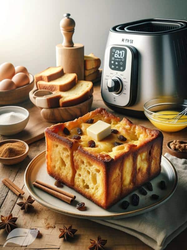 a slice of Air Fryer Bread and Butter Pudding on a plate, ready to be enjoyed.