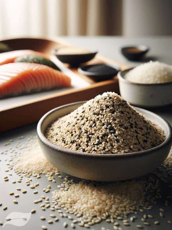 a small dish filled with sesame seeds, ready for garnishing