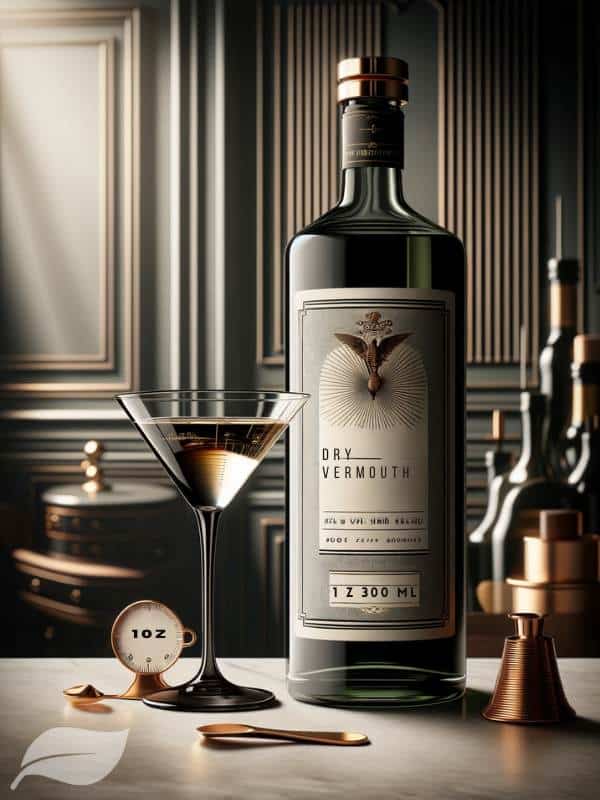 an elegant bottle of dry vermouth with a measuring glass containing 1 oz of vermouth.
