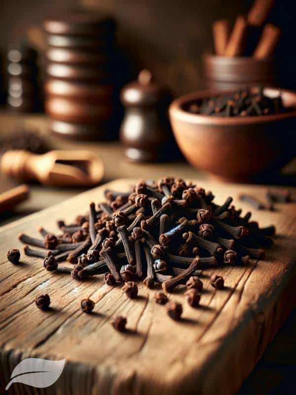 cloves, an ingredient for Traditional Tuscan Panforte. a small heap of whole cloves on a wooden board