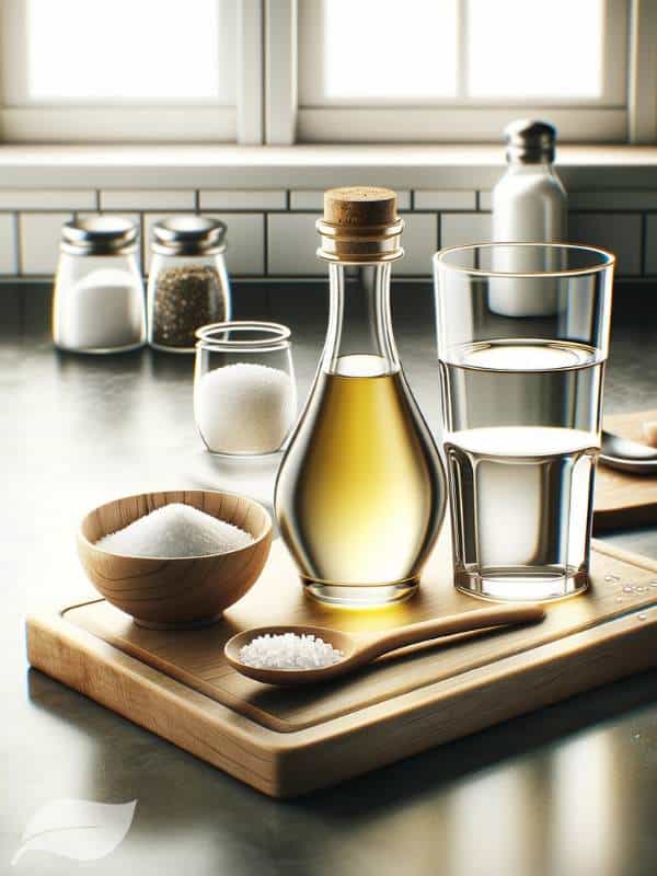 displaying salt, oil, and water, essential for cooking this recipe.