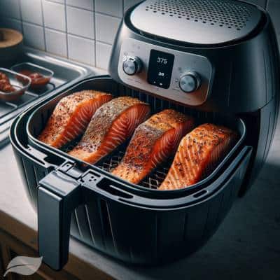 four marinated salmon fillets placed in an air fryer basket.