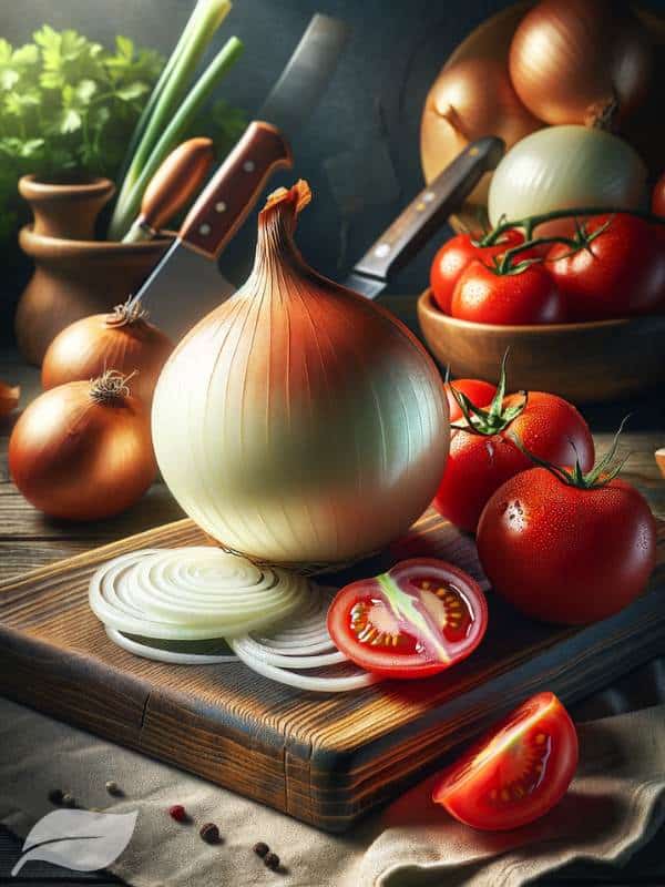 fresh onion and tomatoes, highlighting a freshly chopped onion alongside cut a Tomatoe
