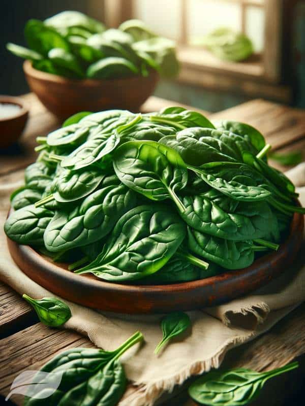 fresh spinach leaves in a rustic setting