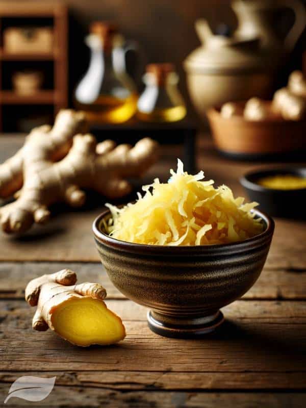 freshly grated ginger, presented in a small, elegant bowl.