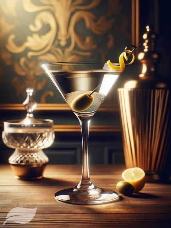 martini in a classic martini glass, garnished with a lemon twist and an olive. The background is elegant, with subtle hints of a luxurious bar