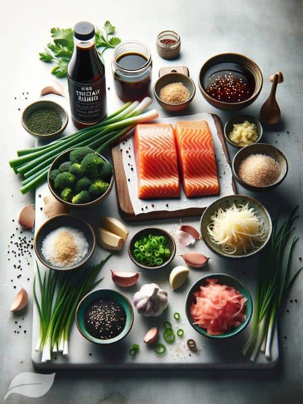 showcasing all the ingredients for Air Fryer Teriyaki Salmon arranged beautifully.