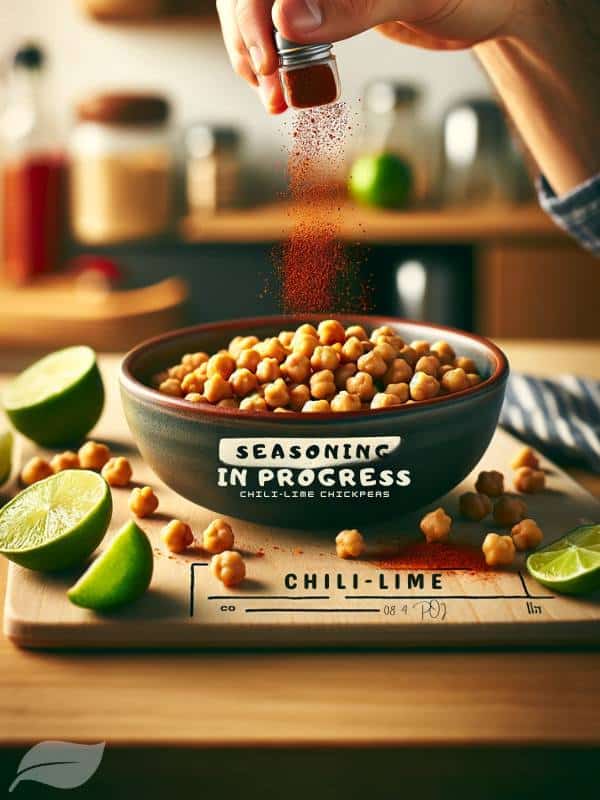 showcasing the process of seasoning Chickpeas for Chili-Lime Roasted Chickpeas.