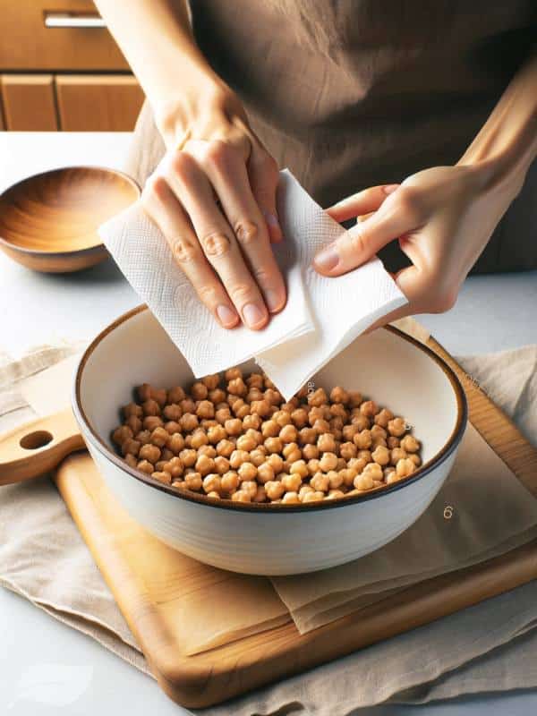 showcasing the step of patting chickpeas dry with paper towels to remove excess moisture.