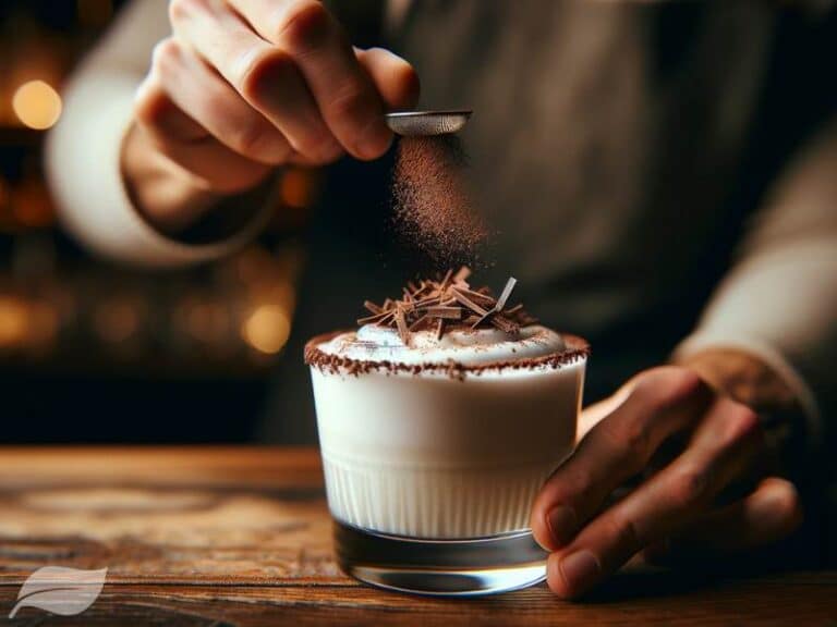 the final garnishing step of a White Russian cocktail sprinkling cocoa powder or chocolate shavings on top