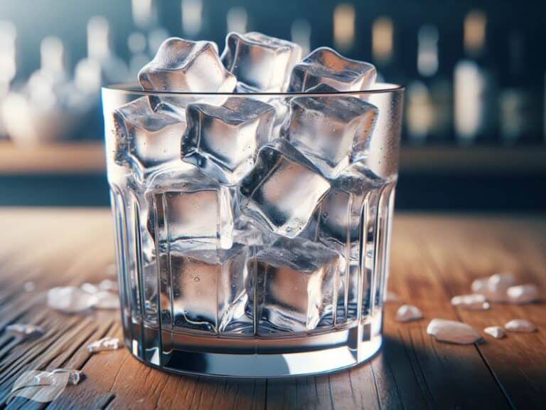 the first step of making a White Russian cocktail filling a rocks glass halfway with ice cubes.