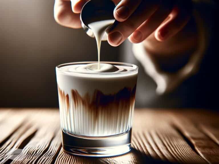 the step of topping a White Russian cocktail with heavy cream, leaving about 1⁄2 inch of room at the top.