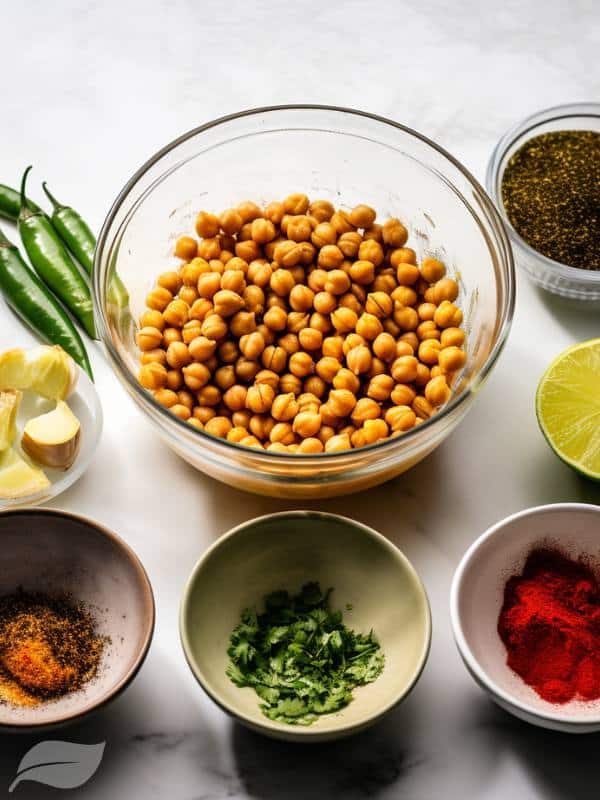 the step of tossing chickpeas with olive oil, chili powder, lime zest, and salt in a bowl.