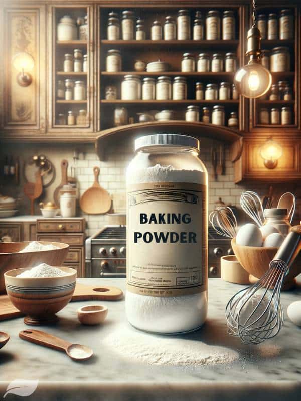 A container of Baking Powder is prominently displayed on a marble countertop, with its label clearly indicating its use for baking