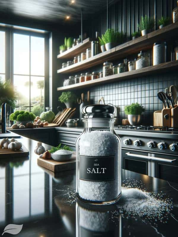 A glass jar of high-quality, coarse sea salt is at the forefront, placed elegantly on a polished granite countertop