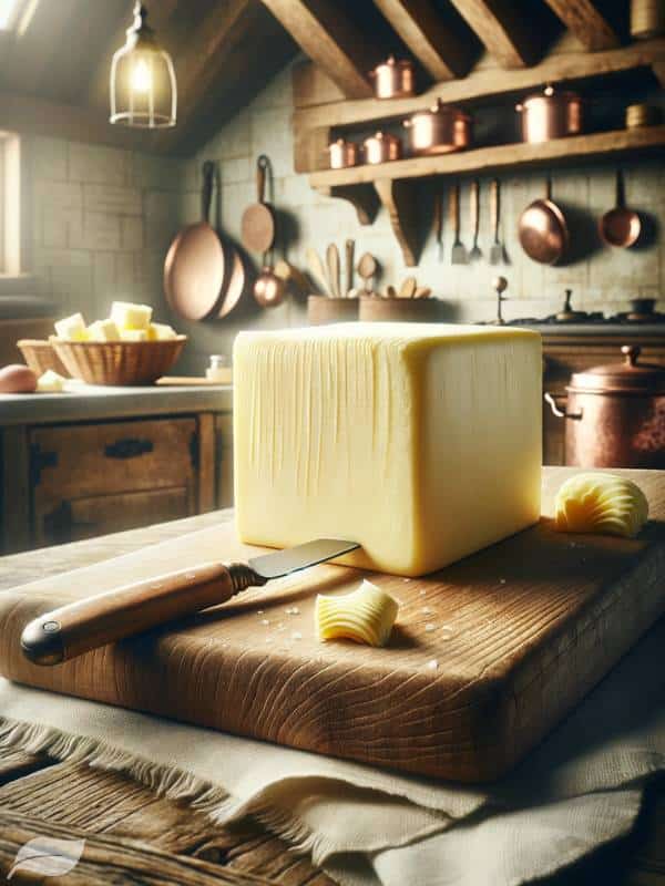 A wooden cutting board features a block of softened unsalted butter, its creamy texture visible, alongside a traditional butter knife