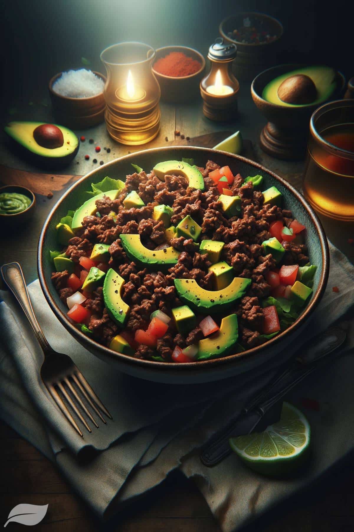 Classic Beef Keto Salad, focusing on the rich texture of the cooked ground beef and the vibrant colors of the diced avocado and tomato (1)
