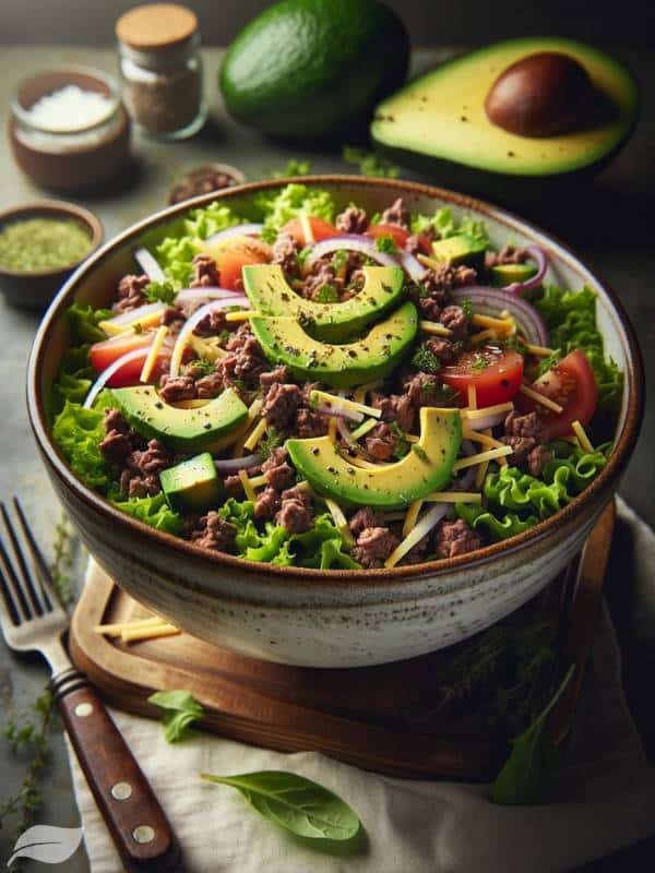 Classic Beef Keto Salad served in a stylish ceramic bowl, focusing on the harmonious blend of ingredients with a sprinkle of fresh herbs on top