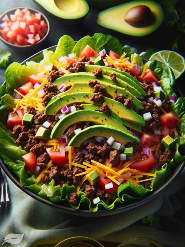 Classic Beef Keto Taco Salad in a bowl, showcasing layers of crisp romaine lettuce, cooked ground beef, diced avocado, shredded cheddar cheese, chopped red onion, and diced tomato