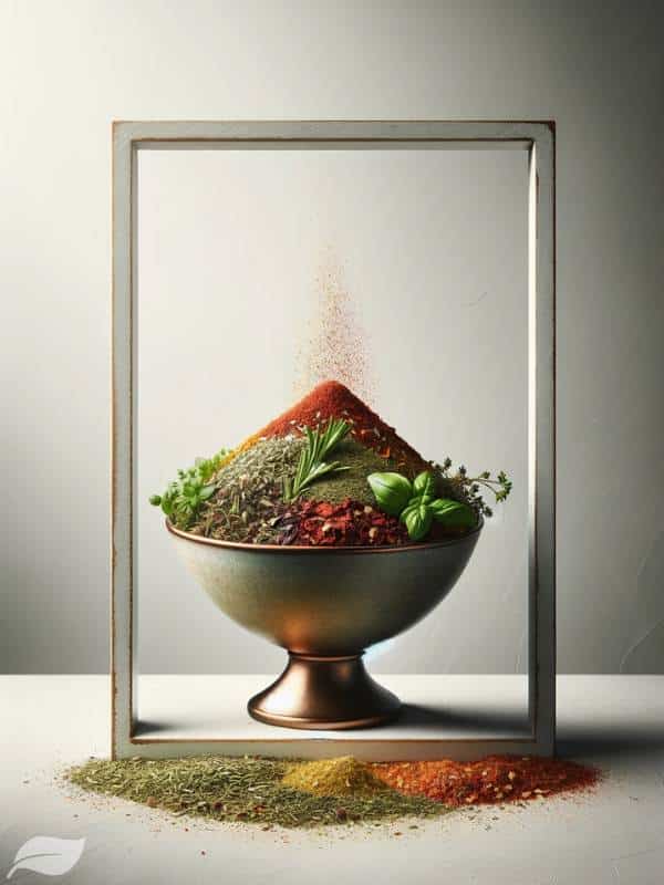 Italian seasoning in a small, elegant bowl, presented against a clean, minimalist background.
