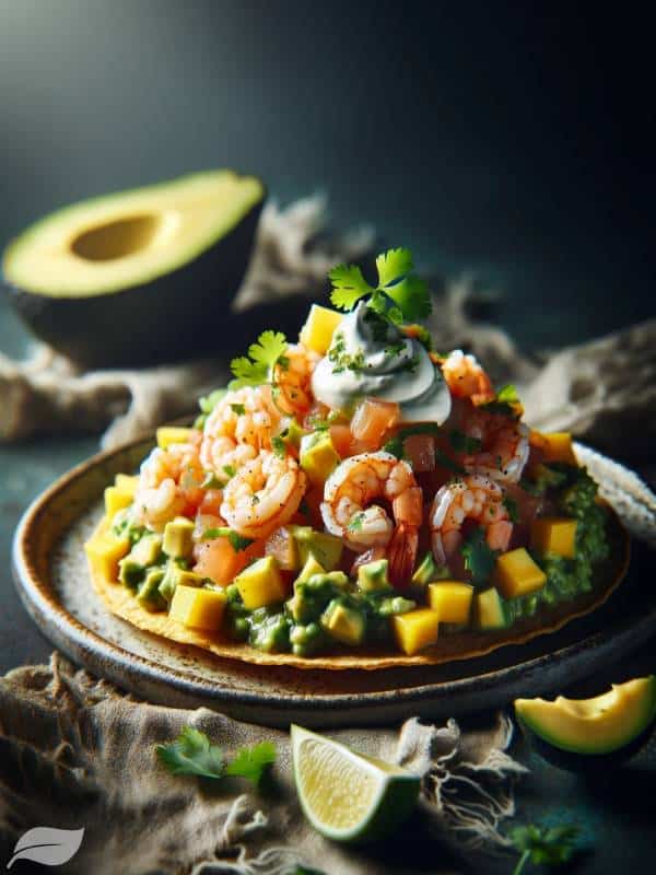 The tostada is beautifully garnished with finely chopped shrimp ceviche, thin slices of avocado and mango, a dollop of sour cream, and sprinkled with chopped cilantro