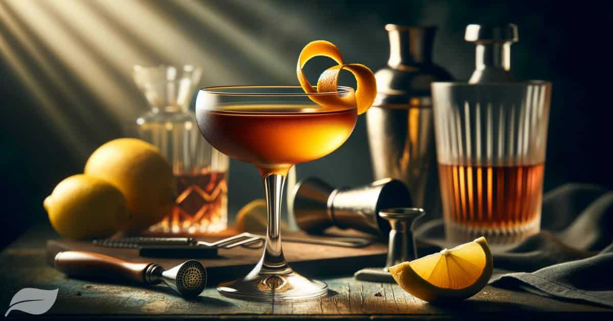a Classic Sidecar Cocktail. The image shows a chilled coupe glass filled with a golden-hued Sidecar cocktail, garnished with a twist of orange peel