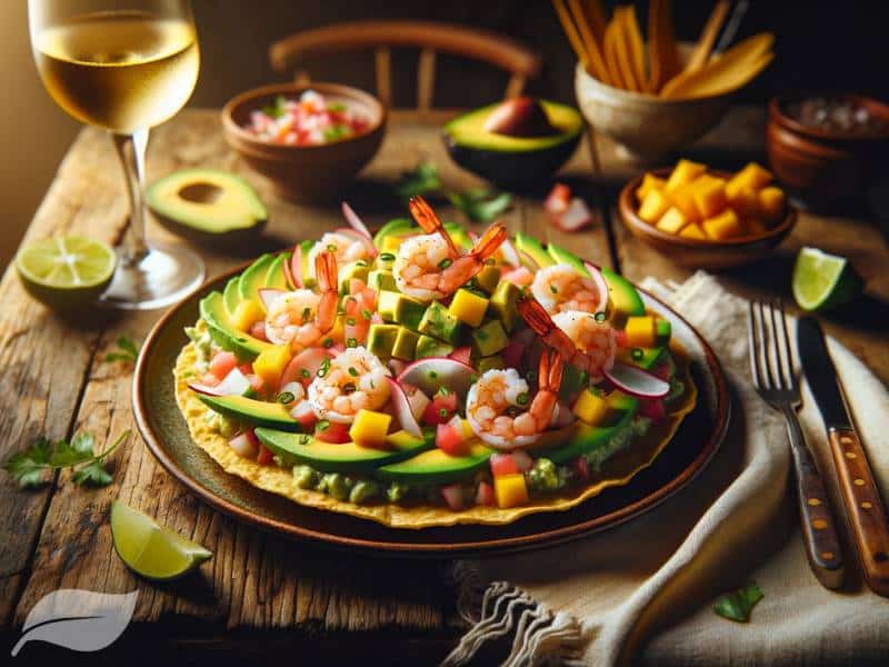 a beautifully served plate of Ceviche Tostada with Avocado and Mango Salsa on a rustic wooden table.