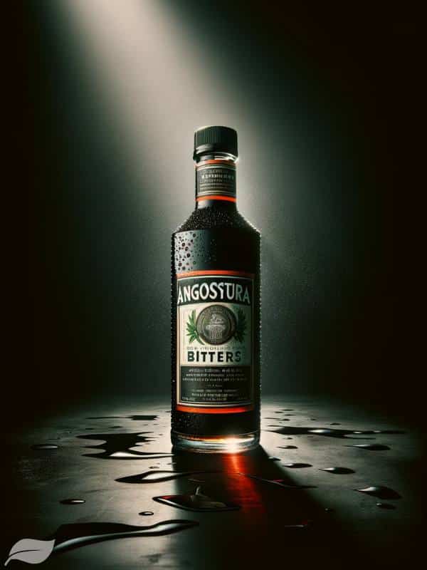 a bottle of Angostura Bitters, with its distinctive label and dark, herbal liquid