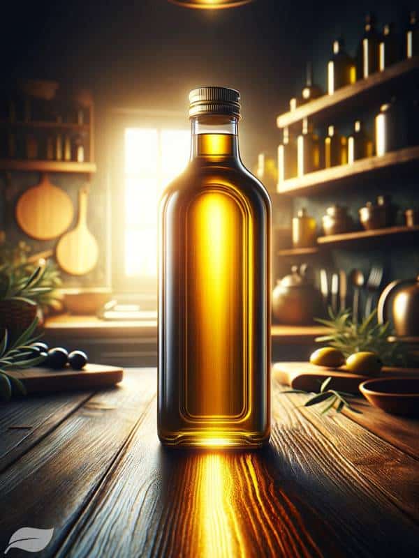 a bottle of olive oil, capturing the rich, golden hue of the oil with light reflecting off its smooth surface