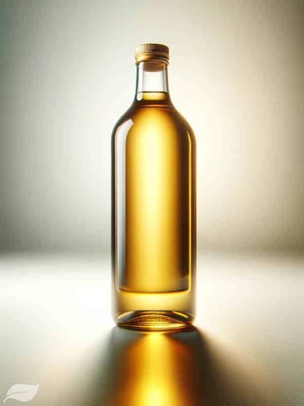 a bottle of olive oil, presented dramatically against a clean, minimalist background.