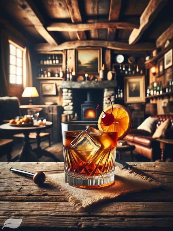 a sophisticated and elegant setting with a focus on a glass of Old Fashioned cocktail, garnished with a twist of orange peel and a cherry.