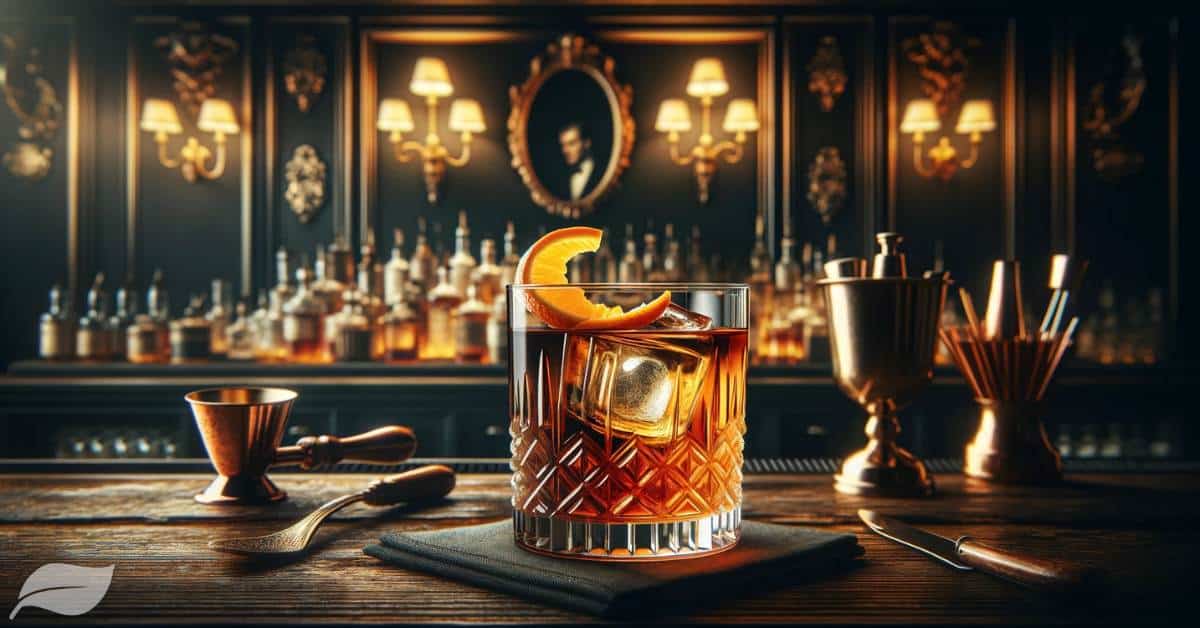 a classic Old Fashioned cocktail in a sophisticated glass, garnished with an orange twist