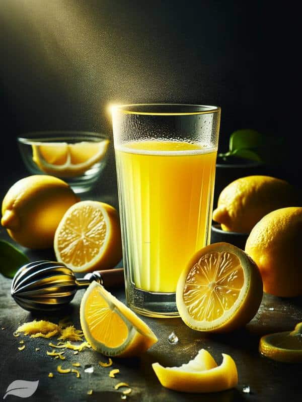 a clear glass filled with vibrant, freshly squeezed lemon juice, set against a dark, contrasting background