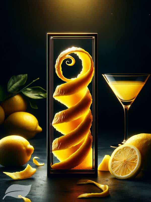 a close-up of a twisted lemon peel, set against a dark, elegant background.