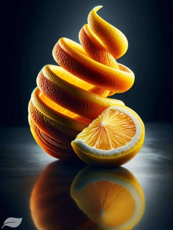 a close-up view of a beautifully spiraled orange and lemon twist, set against a dark, moody background.