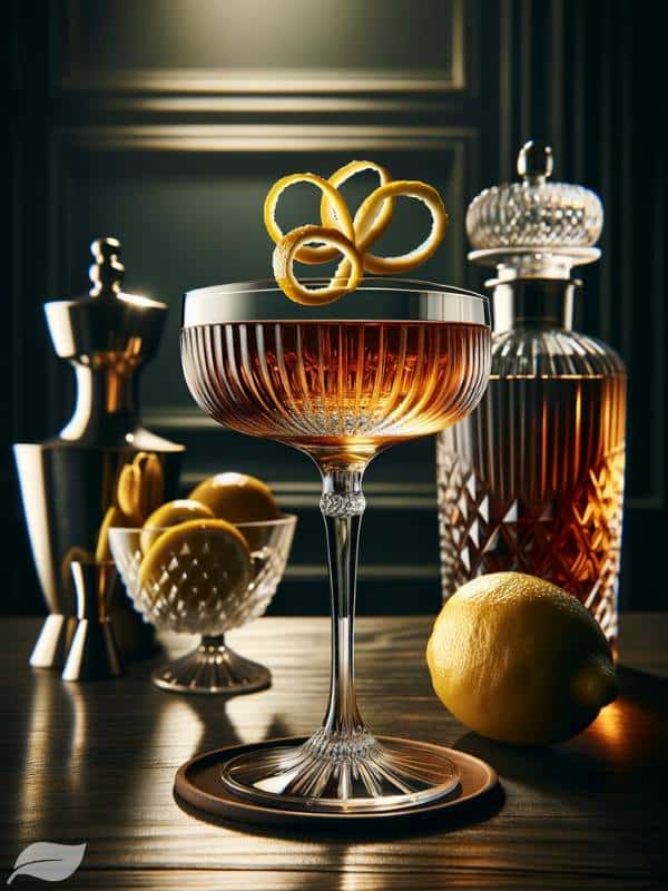 a crystal-clear coupe glass filled with a shimmering, amber-colored Sidecar cocktail,r-colored Sidecar cocktail,