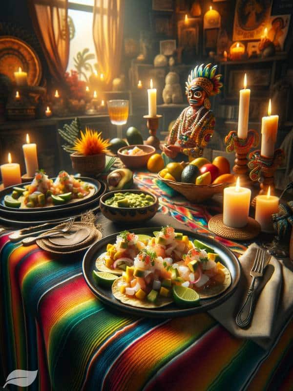 a festive Mexican-themed dinner table, beautifully set with plates of Ceviche Tostada with Avocado and Mango Salsa