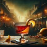 a glass of Sazerac on a vintage bar counter with a dark, moody background