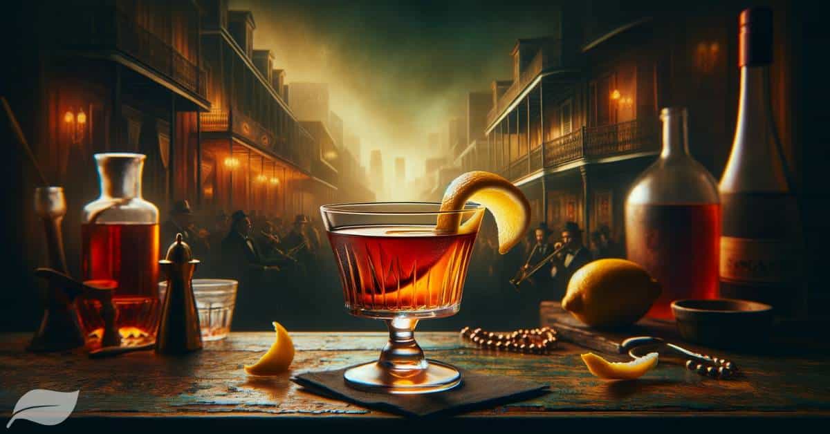 a glass of Sazerac on a vintage bar counter with a dark, moody background