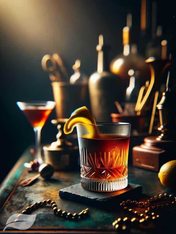 a glass of Sazerac on a vintage bar counter with a dark, moody background.