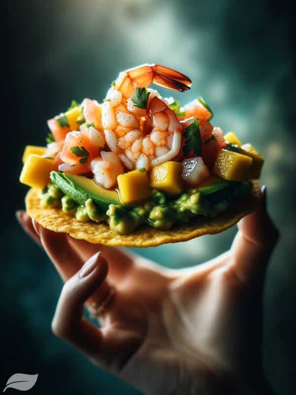 a hand holding a Ceviche Tostada with Avocado and Mango Salsa, poised to take a bite
