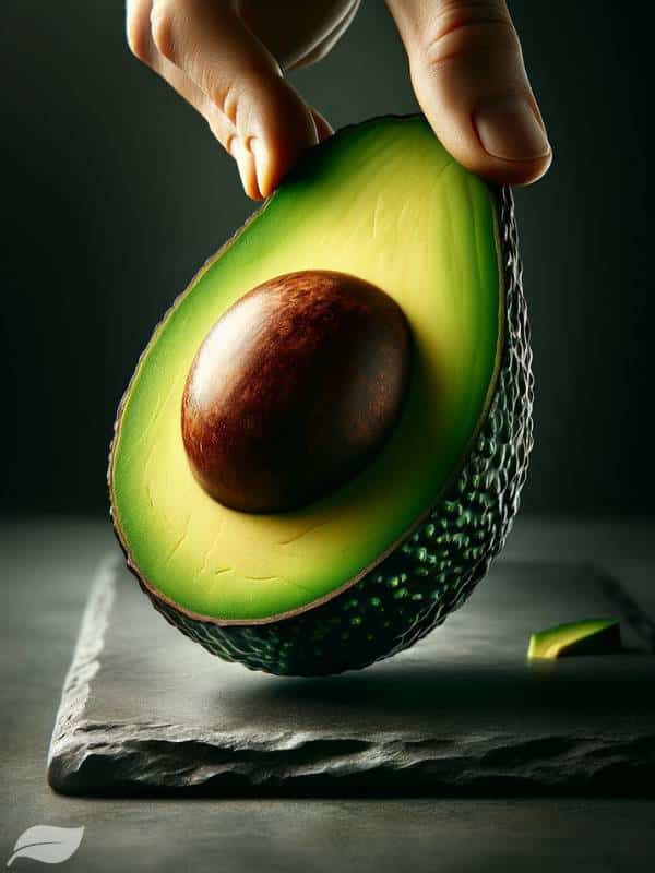 a ripe avocado being sliced, showcasing the vibrant green flesh and the shiny brown seed