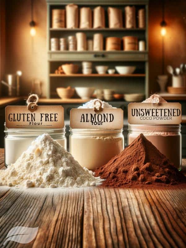 a rustic kitchen counter with separate piles of gluten-free flour blend, xanthan gum, almond flour, and unsweetened cocoa powder