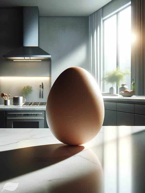 a single large egg, perfectly centered on a sleek, white marble countertop.