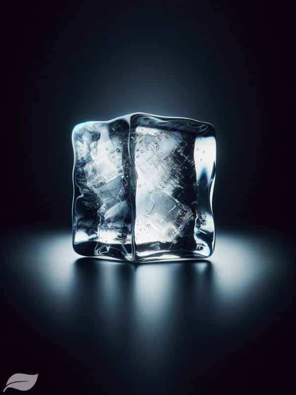 a single, perfectly clear ice cube, capturing its intricate details and transparency