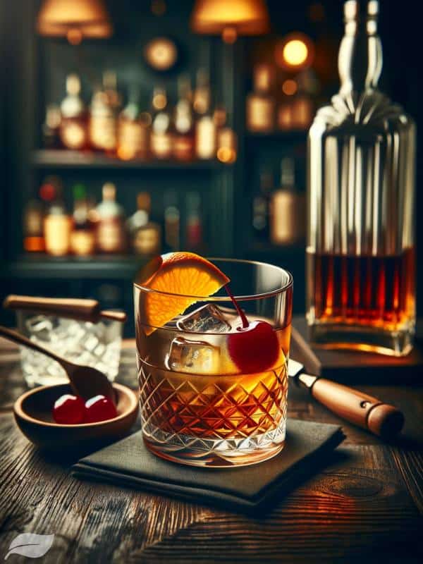 a sophisticated and elegant setting with a focus on a glass of Old Fashioned cocktail