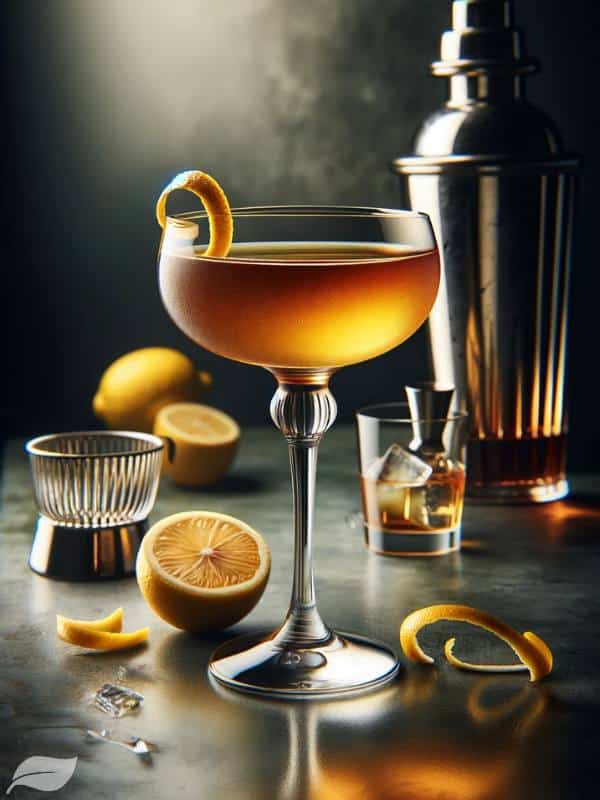 a tall, chilled coupe glass filled with a golden-hued Sidecar cocktail, garnished with a twist of orange peel.