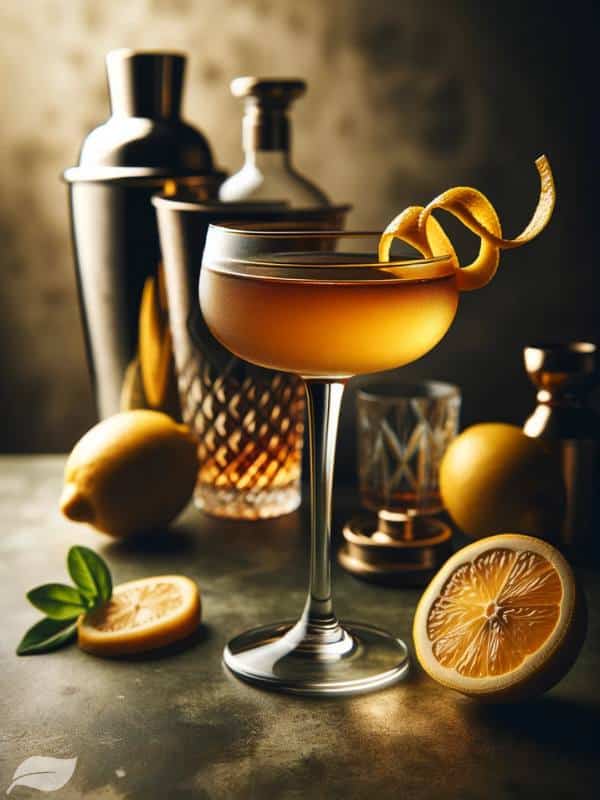 a tall, chilled coupe glass filled with a golden-hued Sidecar cocktail
